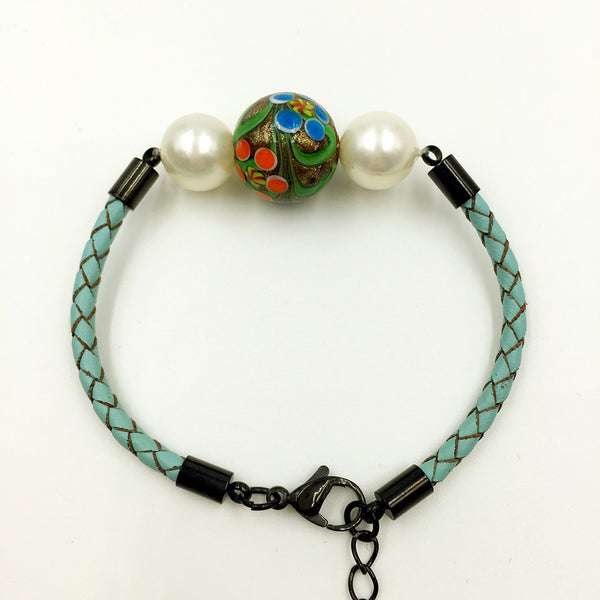 White Pearl Flower Patterned Gold Bead on Turquoise Leather