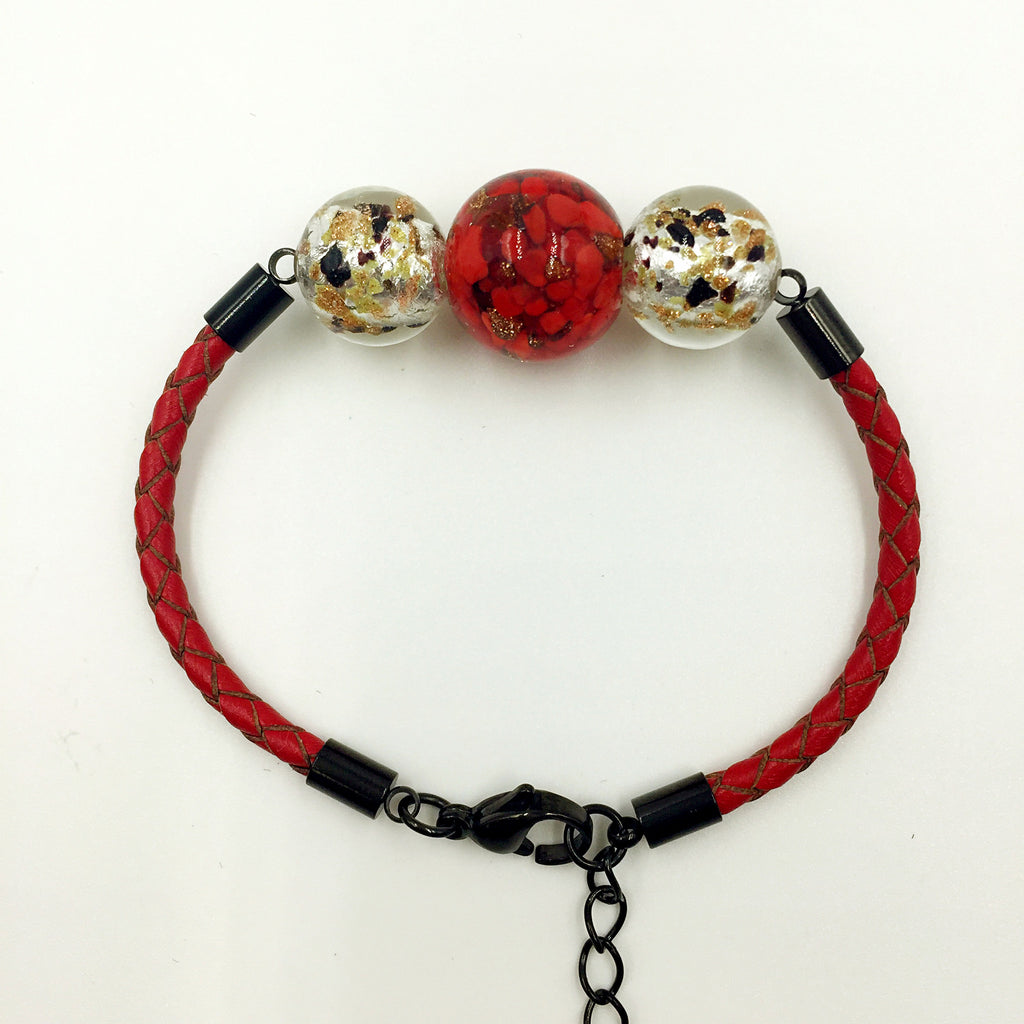 Triple Red and Gold Leaf White Beads on Red Leather,  - MRNEIO LLC