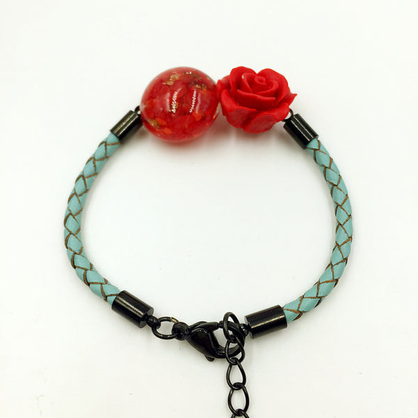 Flower Deco Red Bead on Turquoise Leather,  - MRNEIO LLC