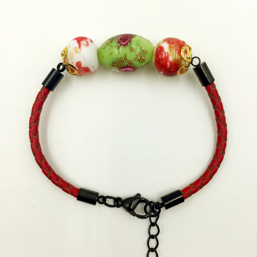 Triple Flower Green and Ceramic Beads on Red Leather,  - MRNEIO LLC