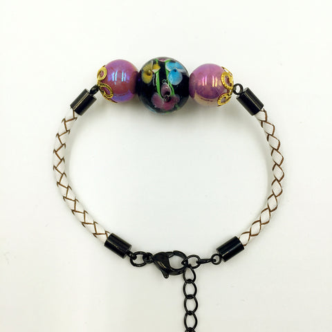 Triple Flower Black and Pink Beads on White Leather,  - MRNEIO LLC
