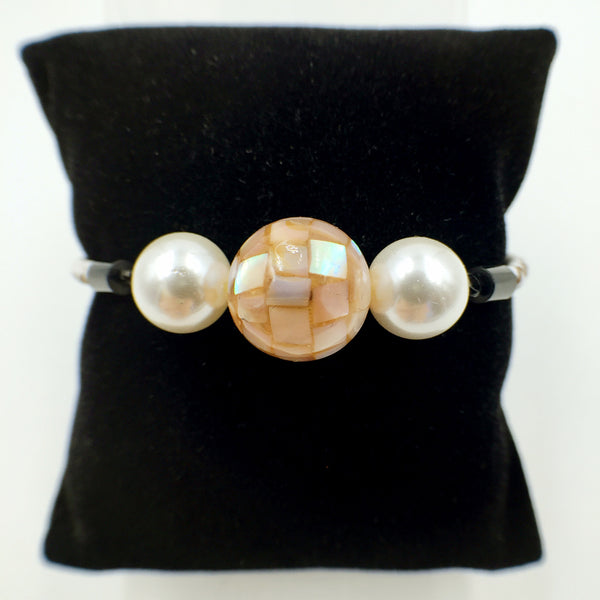 White Pearl Flesh Pink Mother of Pearl Bead on White Leather