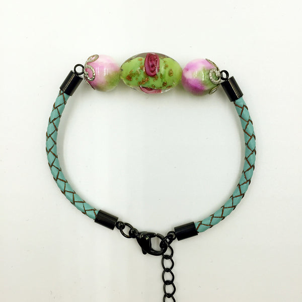 Triple Flower Green and Gemstone Beads on Turquoise Leather,  - MRNEIO LLC