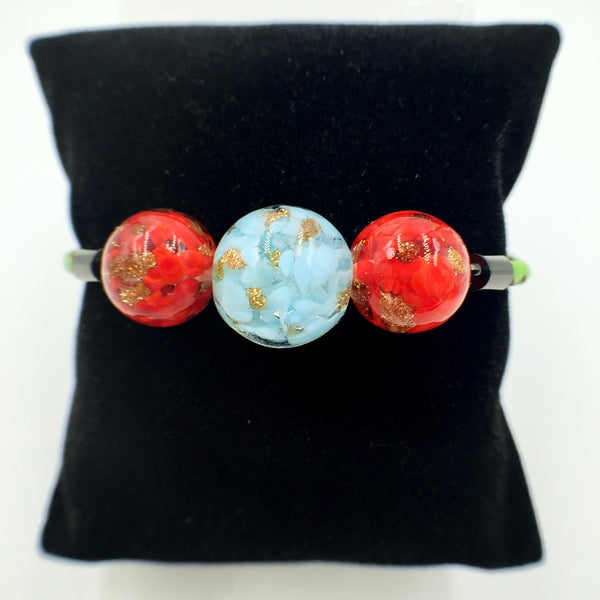 Triple Gold Leaf Turquoise and Red Beads on Green Leather
