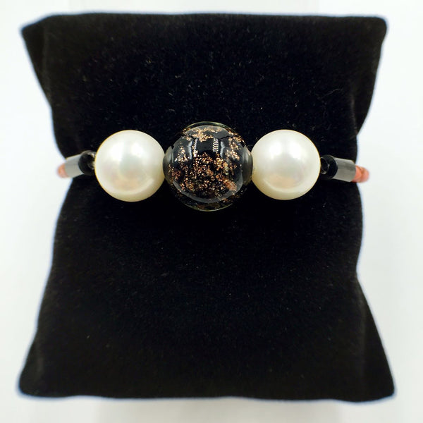 White Pearl Black Bead on Orange Leather,  - MRNEIO LLC