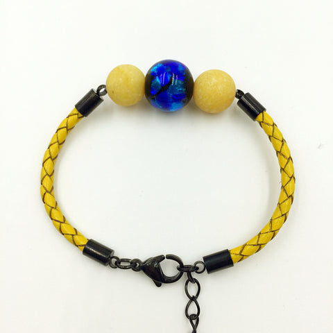 Yellow Macaron Florescent Blue Bead on Lemon Leather,  - MRNEIO LLC
