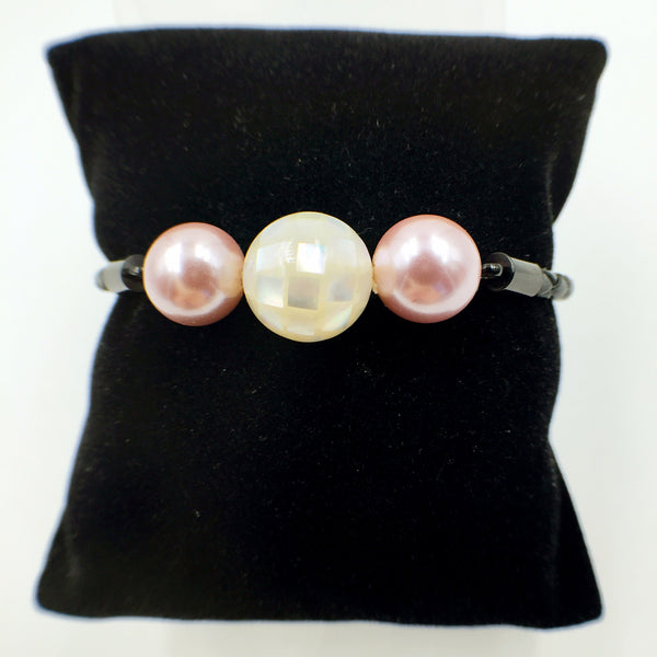 Pink Pearl White Mother of Pearl Bead on Black Leather,  - MRNEIO LLC