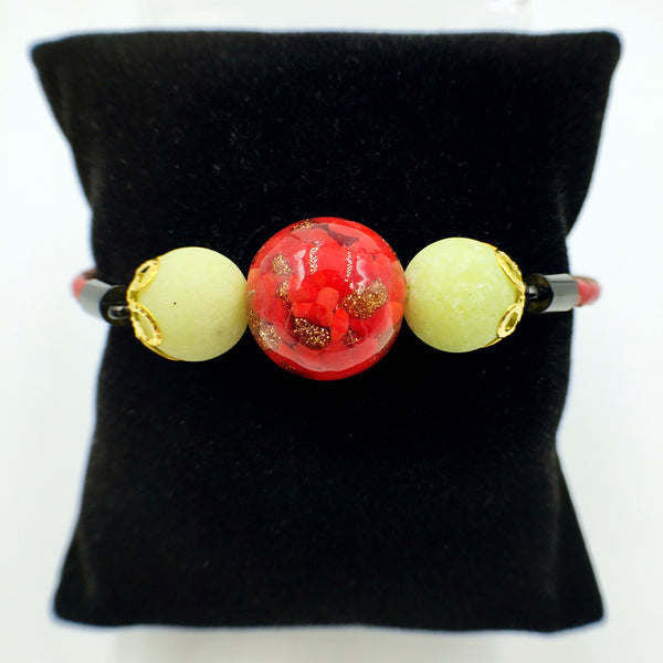 Yellow Macaron Red Bead on Red Leather