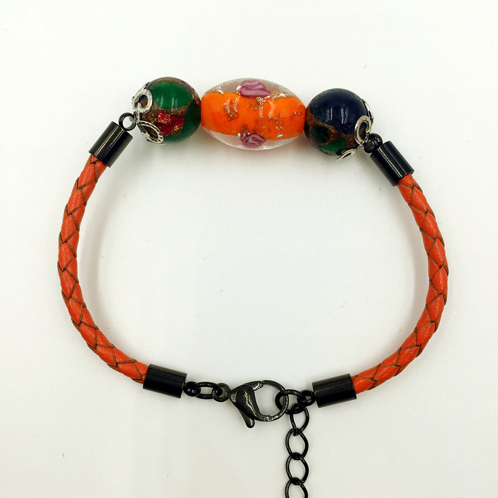 Triple Flower Orange and Gemstone Beads on Orange Leather,  - MRNEIO LLC
