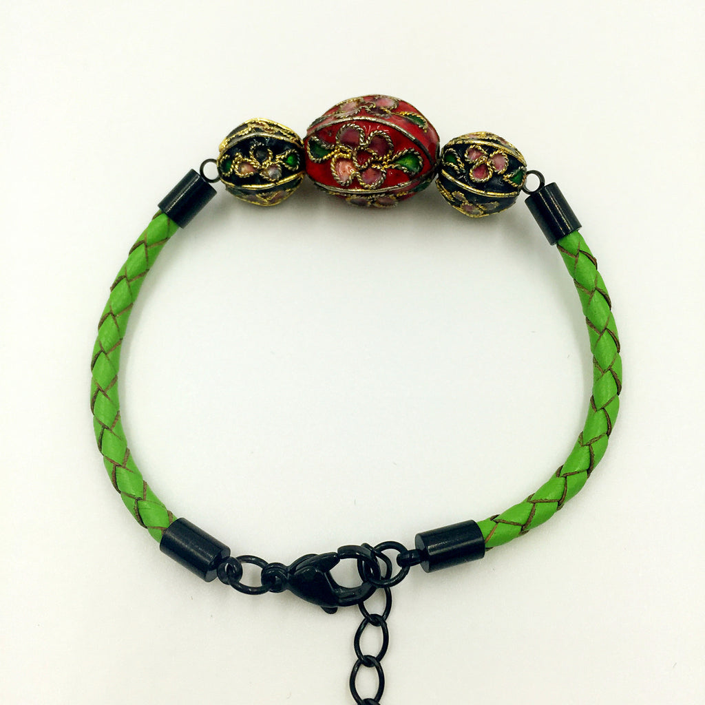 Triple Red and Black Beads on Green Leather,  - MRNEIO LLC