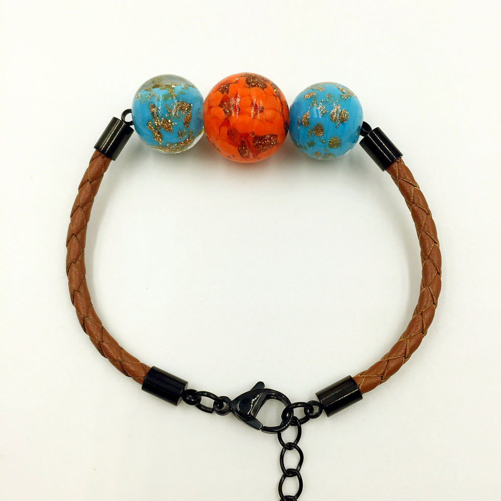 Triple Gold Leaf Orange and Sky Blue Beads on Yellow Brown Leather,  - MRNEIO LLC