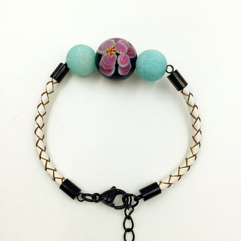 Turquoise Macaron Black Flower Bead on White Leather,  - MRNEIO LLC