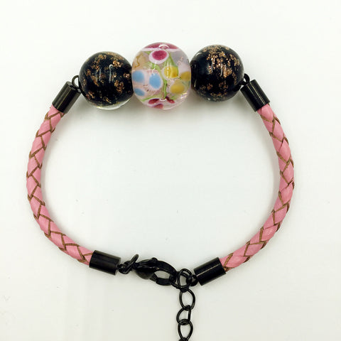 Triple Flower Pink and Gold Leaf Black Beads on Pink Leather,  - MRNEIO LLC