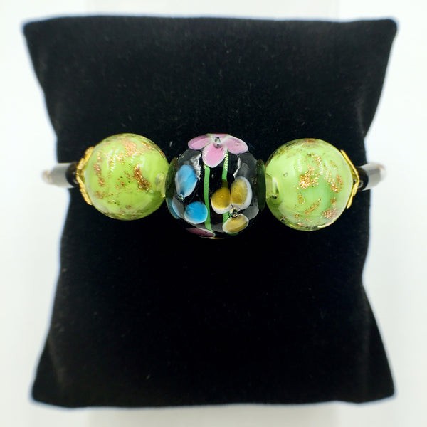 Triple Flower Black and Gold Leaf Green Beads on White Leather,  - MRNEIO LLC