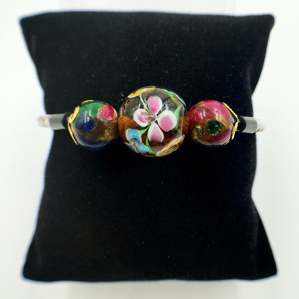 Triple Flower Brown and Gemstone Beads on White Leather,  - MRNEIO LLC