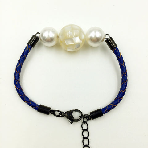 White Pearl White Mother of Pearl Bead on Navy Blue Leather,  - MRNEIO LLC