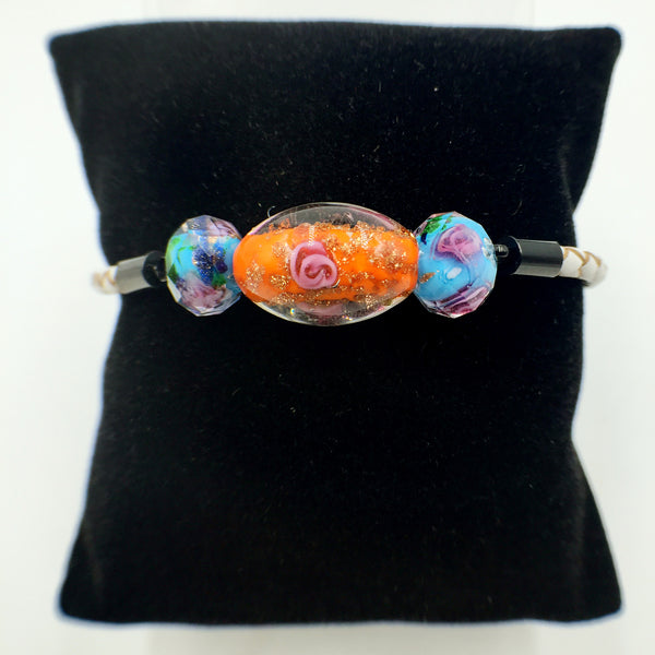 Triple Flower Orange and Sky Blue Beads on White Leather,  - MRNEIO LLC
