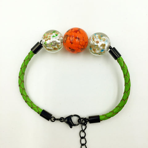 Triple Gold Leaf Orange and White Beads on Green Leather,  - MRNEIO LLC