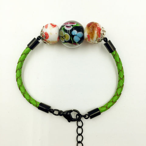 Triple Flower Black and Ceramic Beads on Green Leather,  - MRNEIO LLC