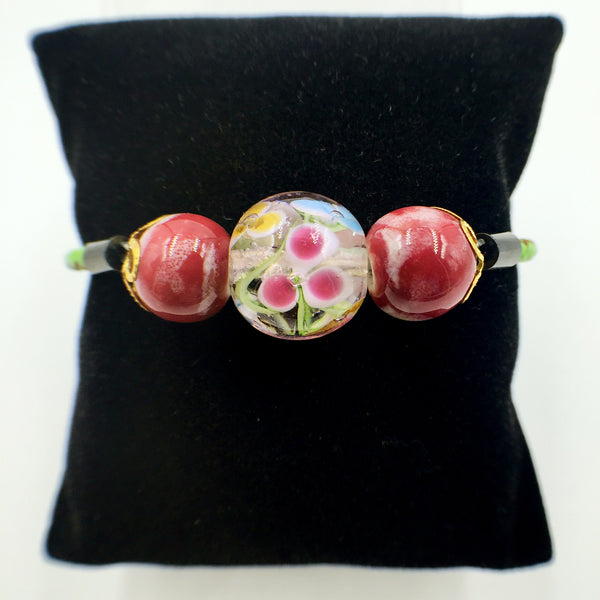 Triple Flower Pink and Ceramic Beads on Green Leather,  - MRNEIO LLC
