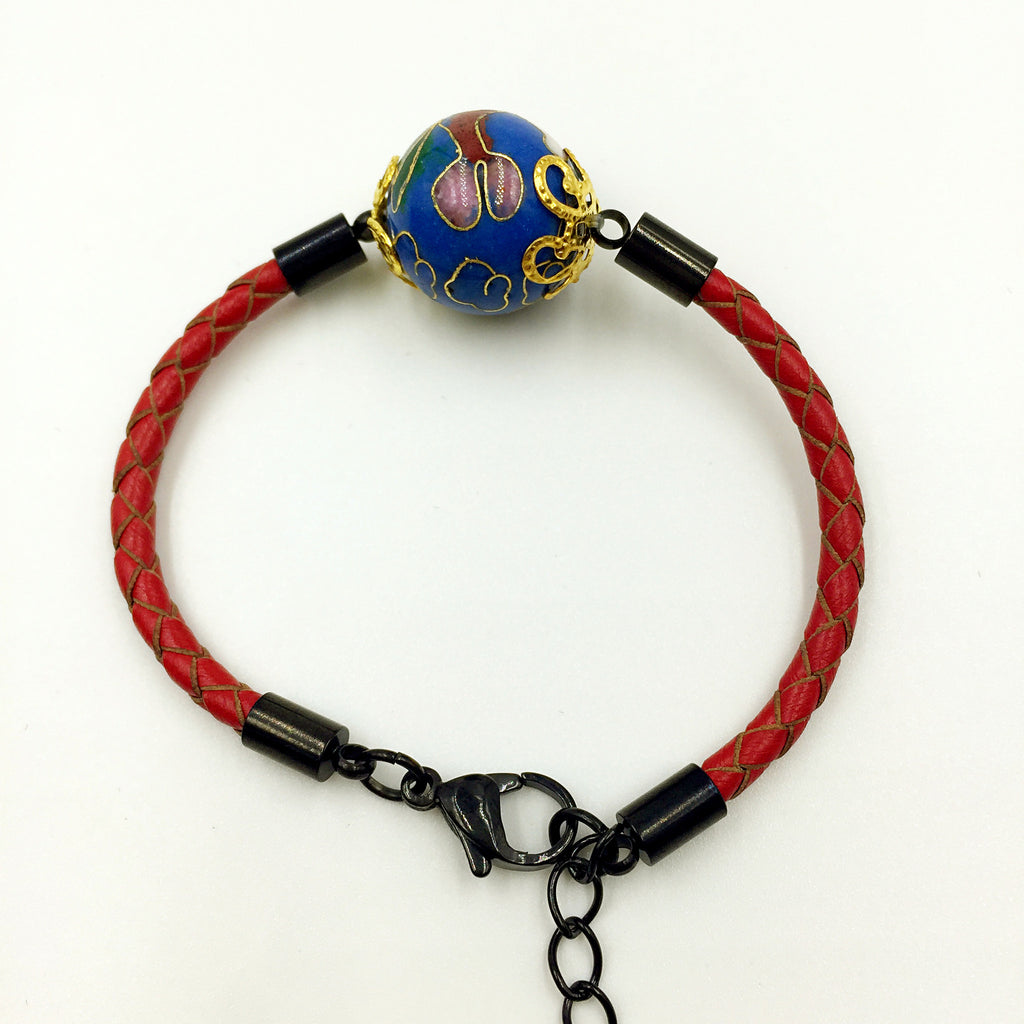 Single Medium Blue Bead on Red Leather,  - MRNEIO LLC