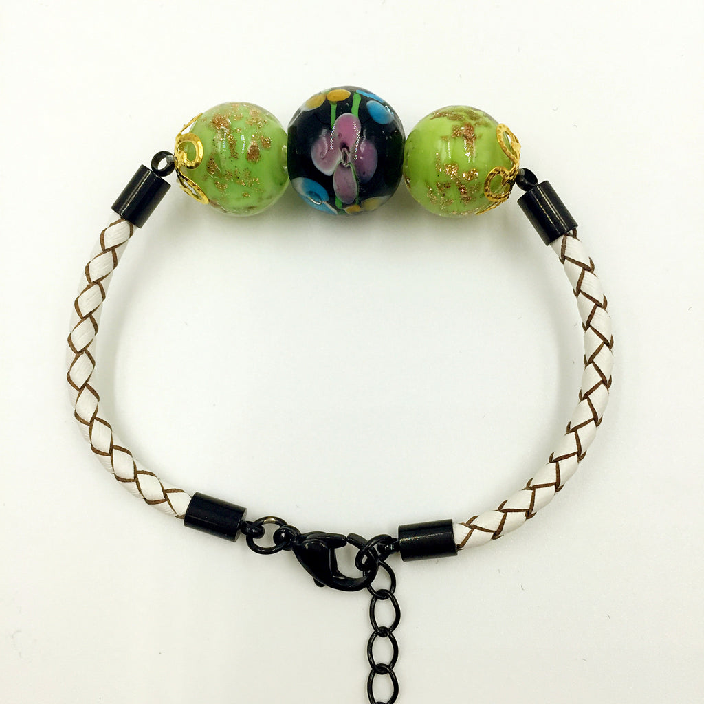 Triple Flower Black and Gold Leaf Green Beads on White Leather,  - MRNEIO LLC