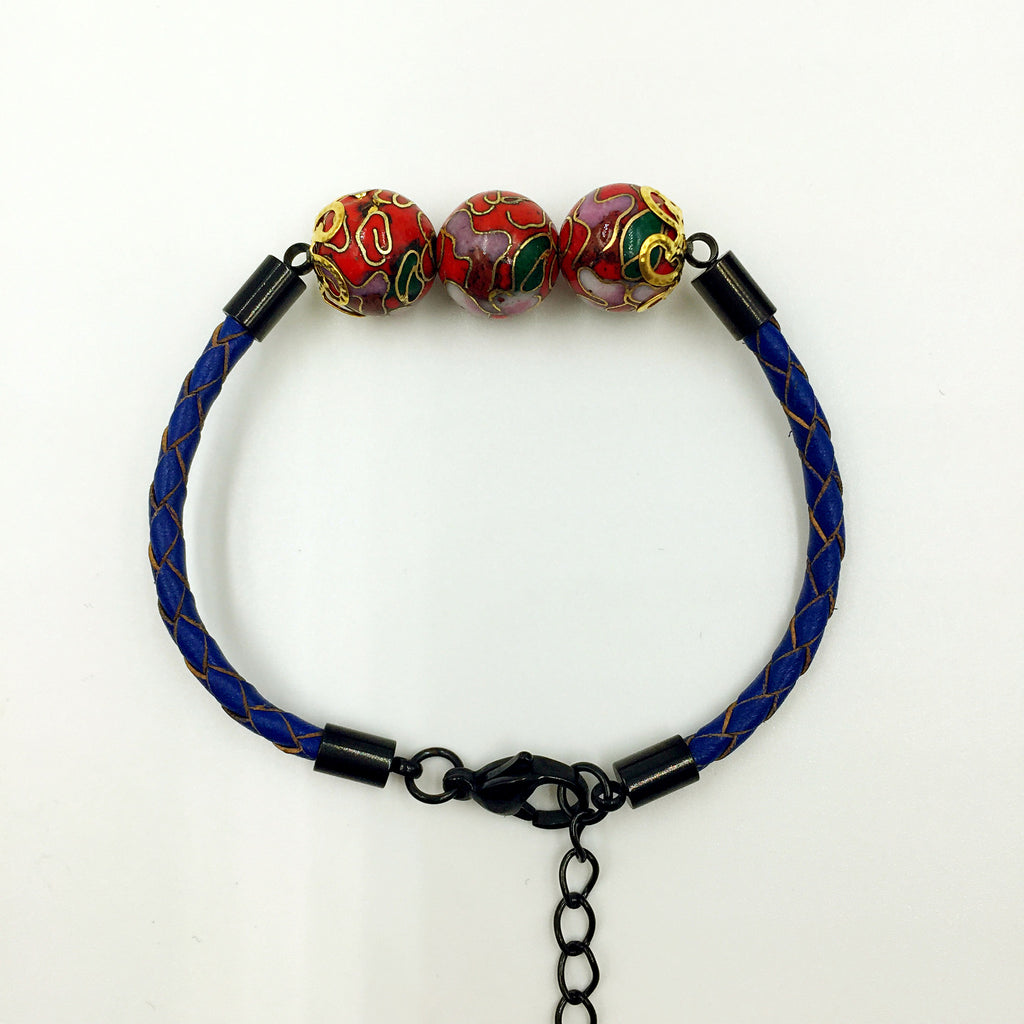 Triple Red Beads on Navy Blue Leather,  - MRNEIO LLC
