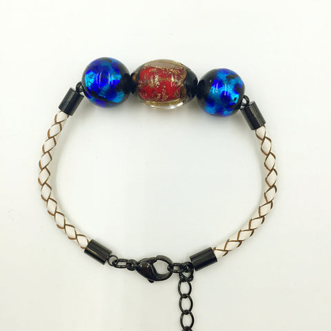 Triple Stellar Red and Blue Beads on White Leather,  - MRNEIO LLC