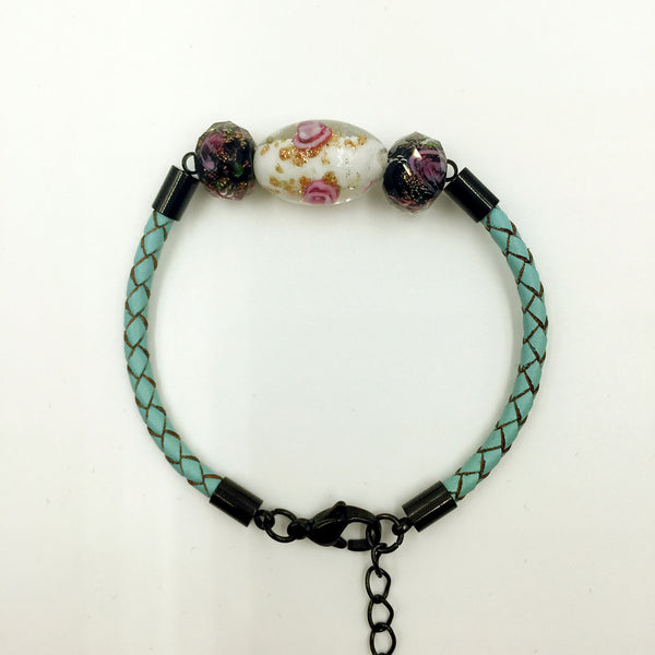 Triple Flower White and Black Beads on Turquoise Leather,  - MRNEIO LLC
