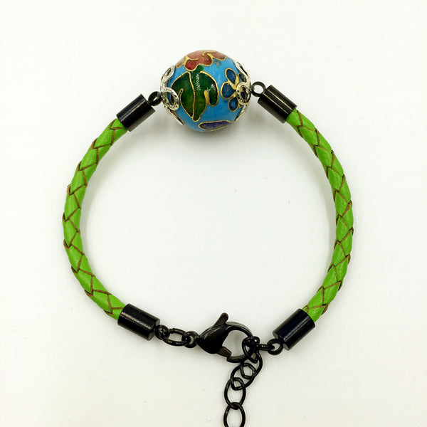 Single Sky Blue Bead on Green Leather,  - MRNEIO LLC