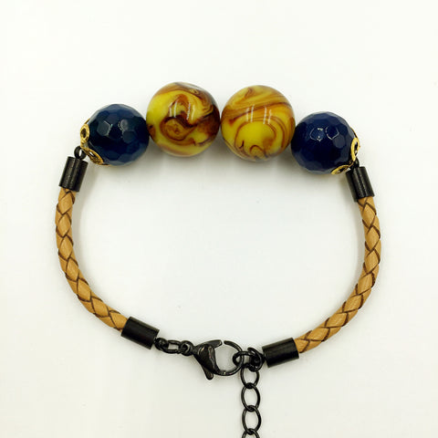 Faux Brown Yellow and Navy Blue Gemstones on Beige Leather,  - MRNEIO LLC