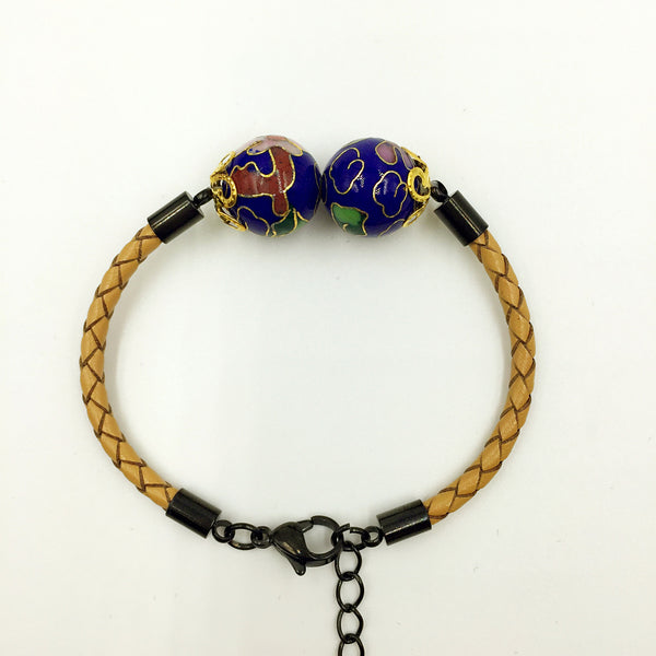 Twin Navy Blue Beads on Beige Leather,  - MRNEIO LLC
