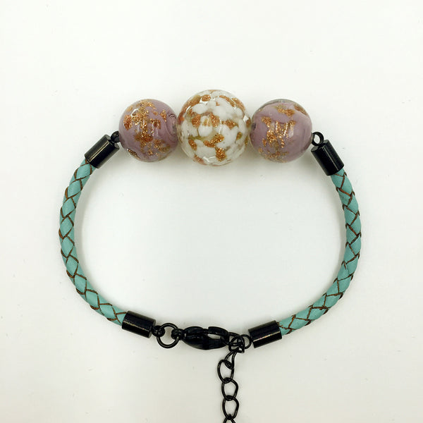 Triple Gold Leaf White and Purple Beads on Turquoise Leather,  - MRNEIO LLC