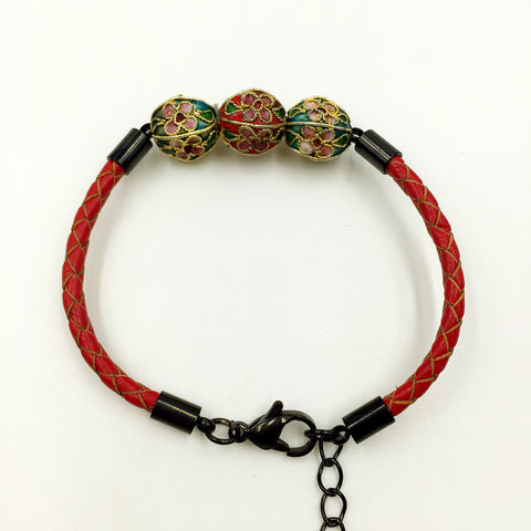 Triple Red and Blue Beads on Red Leather,  - MRNEIO LLC