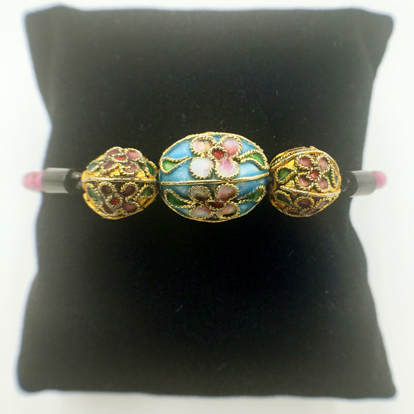 Triple Sky Blue and Black Beads on Rose Red Leather,  - MRNEIO LLC