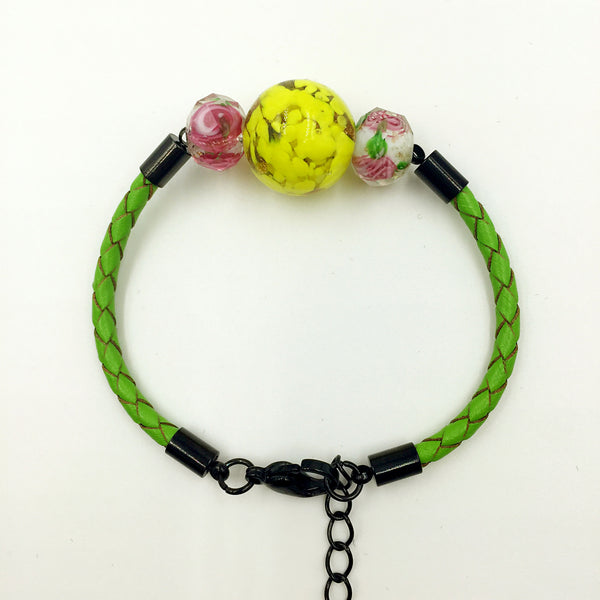 Triple Yellow and Flower White Beads on Green Leather,  - MRNEIO LLC